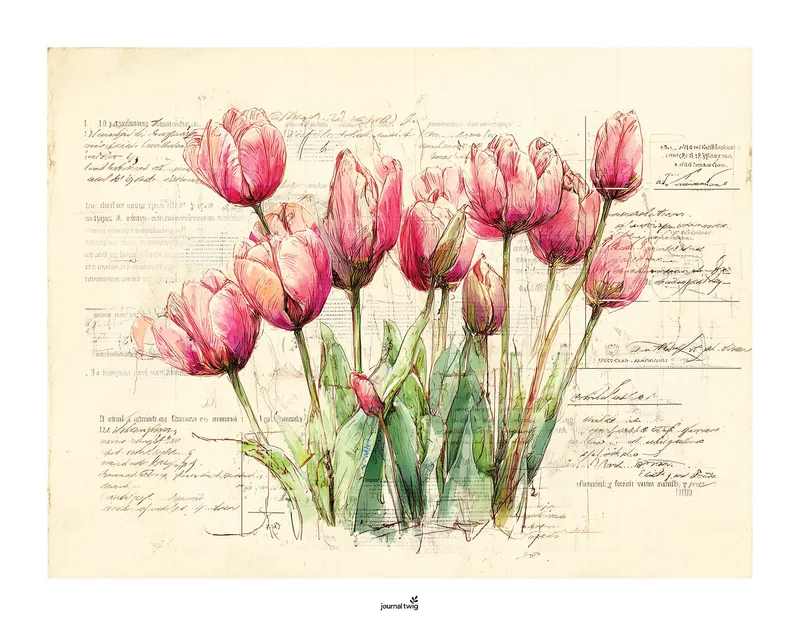 Spring Junk Journal Kit Horizontal Background features a watercolor illustration of vibrant pink tulips against a vintage text backdrop.