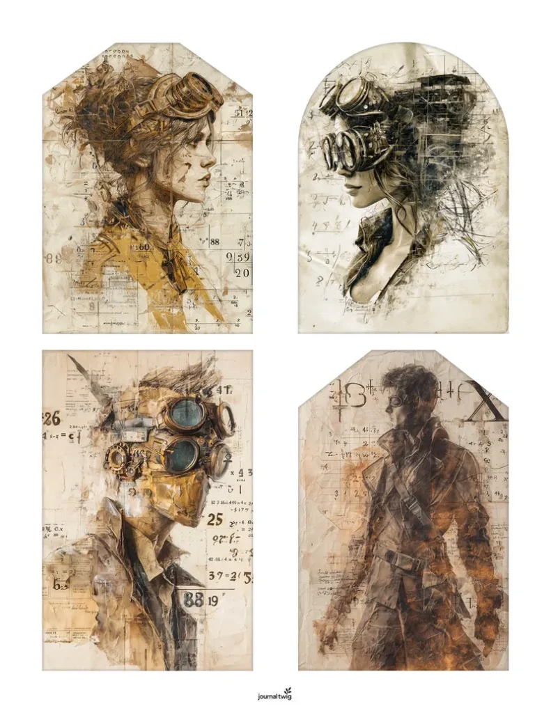 Steampunk Junk Journal Kit Tags featuring vintage-style illustrations of characters in steampunk goggles and attire, with a sepia-toned color palette and intricate background textures.