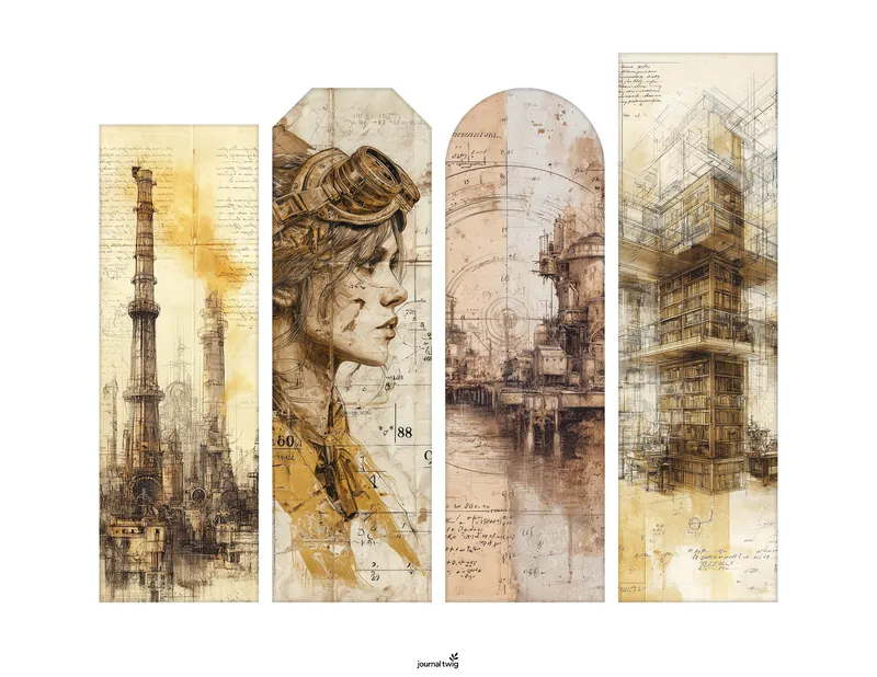 Steampunk Junk Journal Kit Bookmarks featuring a mix of industrial landscapes, a portrait with goggles, and architectural sketches in warm browns and golds.