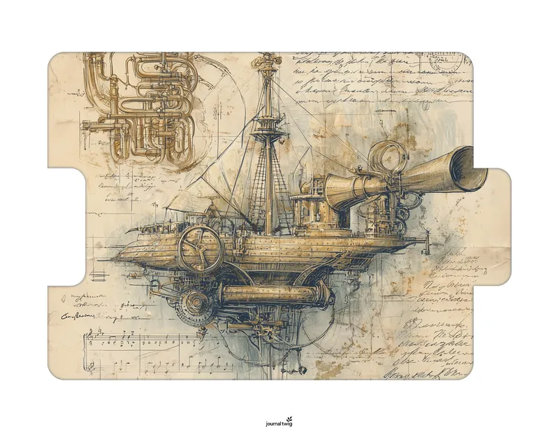 Steampunk Junk Journal Kit Folding Folio featuring a detailed illustration of a mechanical ship, with intricate piping and vintage script elements.