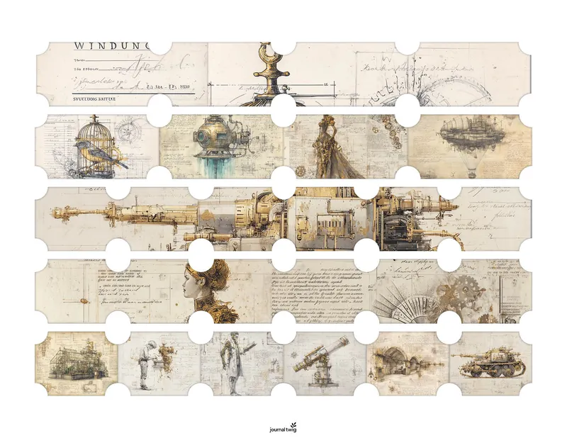 Steampunk Junk Journal Kit Belly Bands featuring intricate vintage illustrations with metallic accents, gears, and whimsical designs in muted browns and golds.