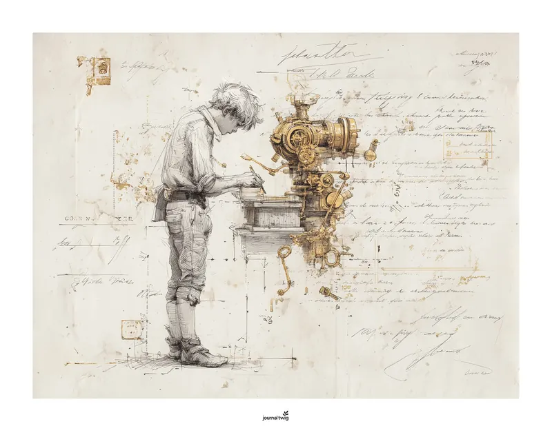 Steampunk Junk Journal Kit Horizontal Background featuring a hand-drawn boy working on an intricate mechanical device, complemented by sepia tones and vintage sketches.