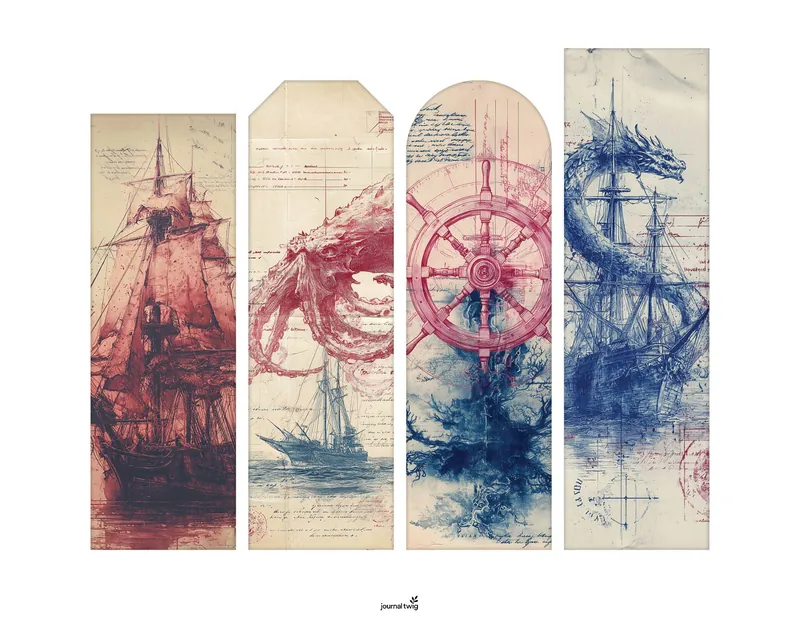 Siren Junk Journal Kit Bookmarks featuring nautical themes with rich reds and deep blues, showcasing intricate illustrations of ships and a dragon.