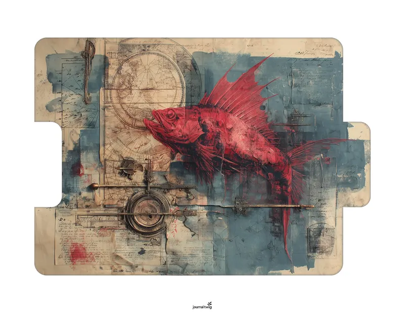 Siren Junk Journal Kit Folding Folio featuring a bold red fish illustration against a distressed blue and cream background, with intricate map-like sketches and vintage elements.
