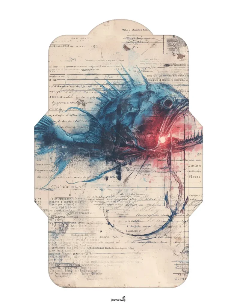 Siren Junk Journal Kit Envelope featuring a blue fish illustration against a vintage paper background with handwritten text and faded graphics.