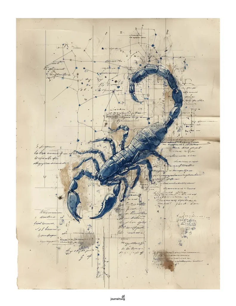 Zodiac Junk Journal Kit Vertical Background featuring a detailed scorpion illustration in deep blue over a faded beige backdrop with vintage scientific notes.